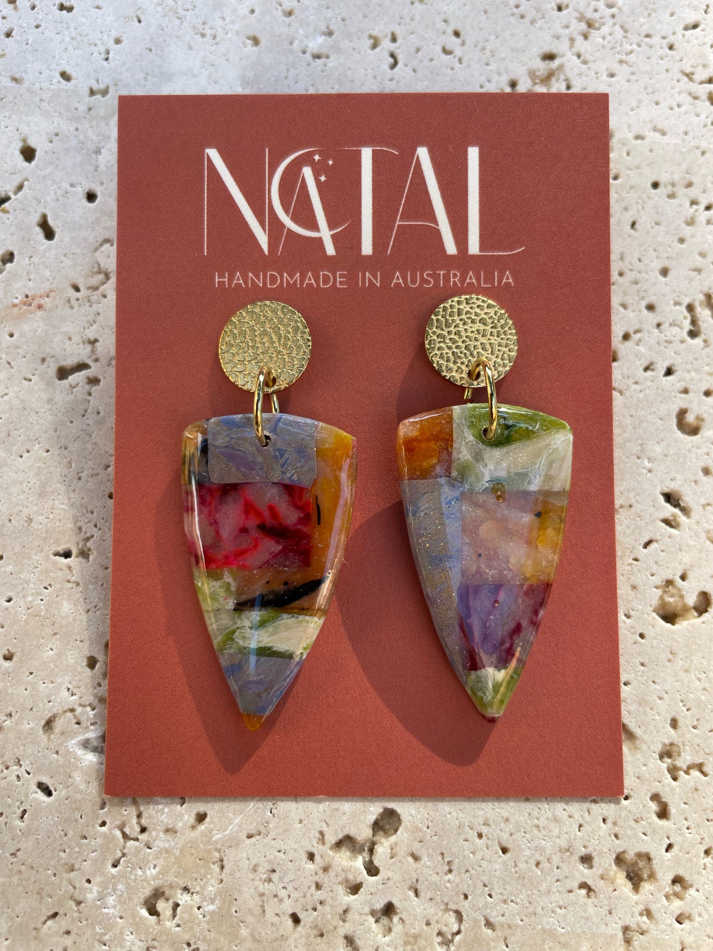 Mosaico collection, Gold plated, unique and light wear polymer clay earrings.
This collection is unique and one-of-a-kind, with only a few pieces left.