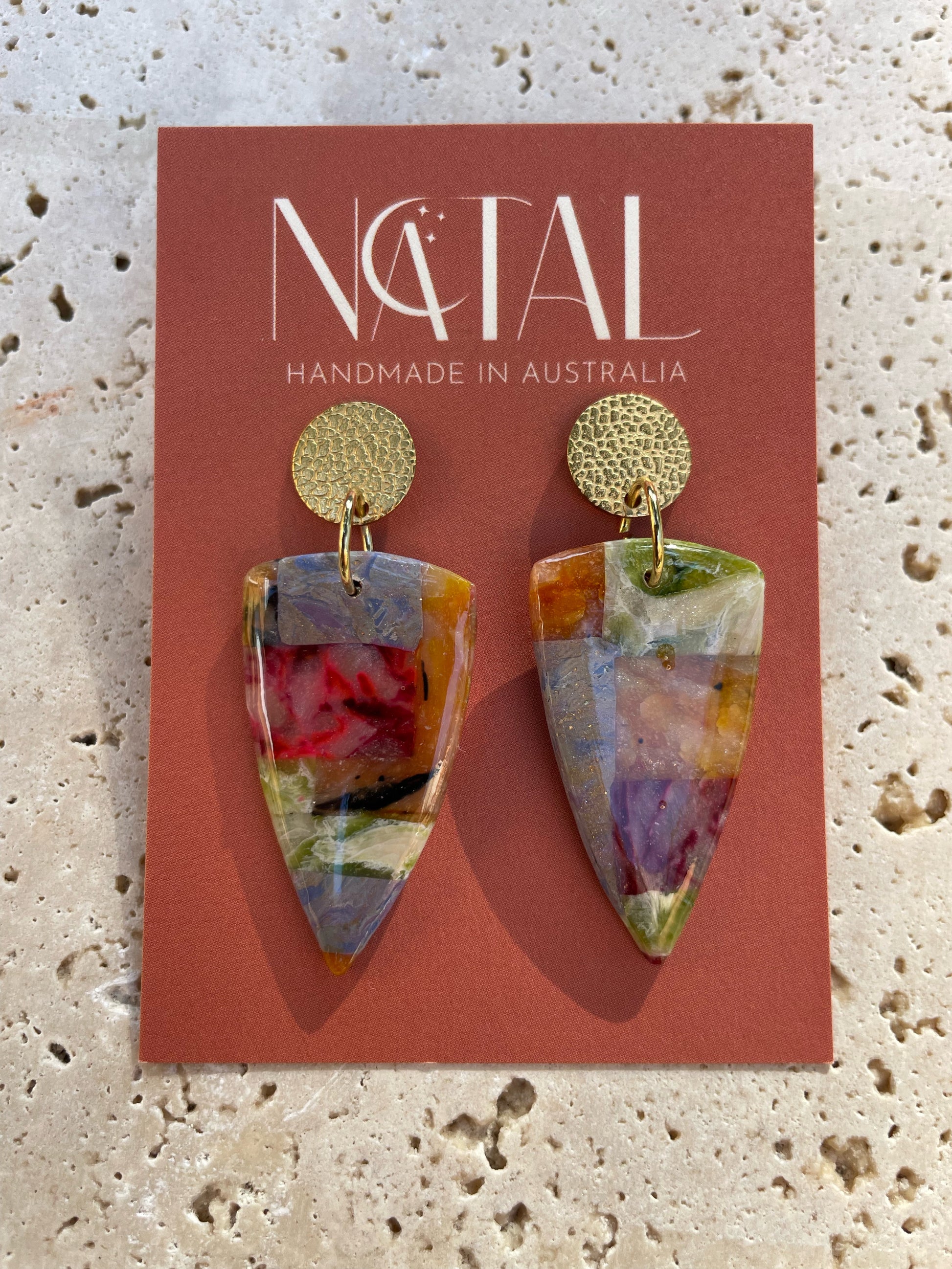 Mosaico collection, Gold plated, unique and light wear polymer clay earrings.
This collection is unique and one-of-a-kind, with only a few pieces left.